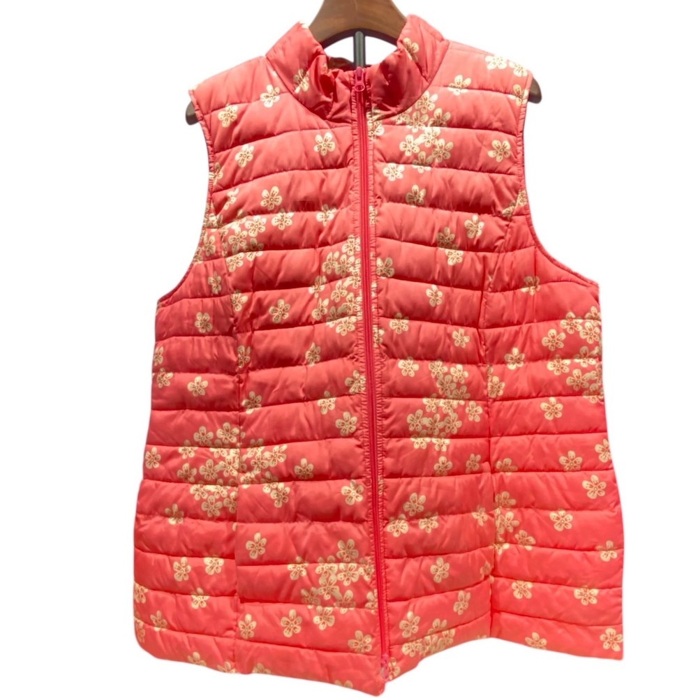 J Jill Womens Puffer Vest‎ Pink Floral Print Stand Collar Zip Up XL